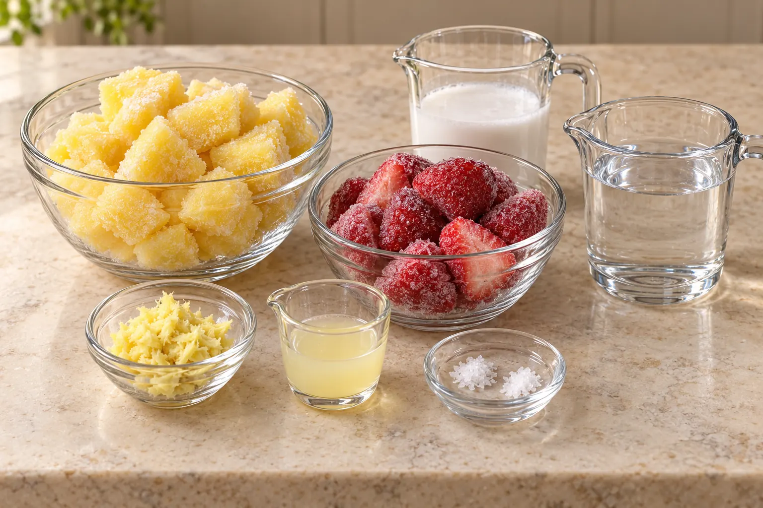 Frozen pineapple strawberries ginger lemon salt coconut milk and water measured for the smoothie