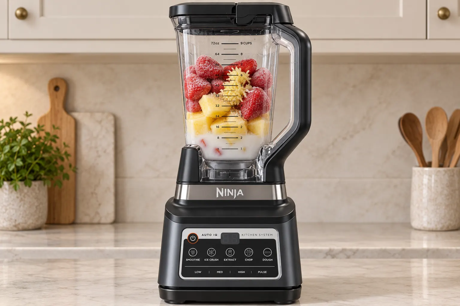 Frozen pineapple strawberries ginger coconut milk and water in a Ninja BN801 pitcher