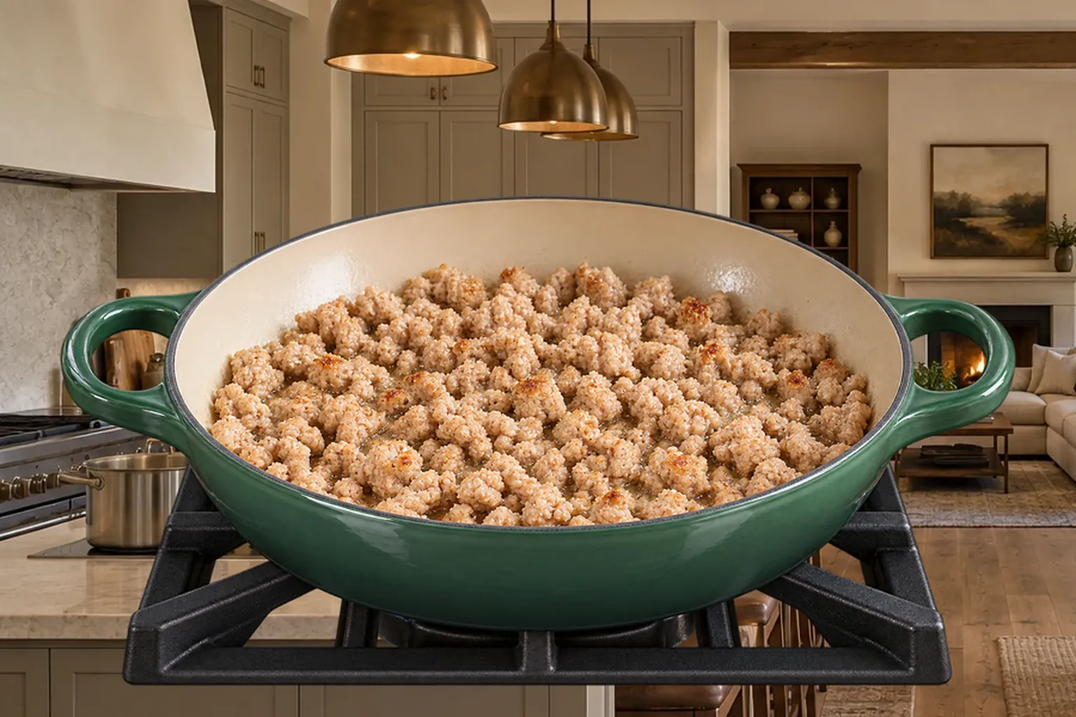 Ground turkey cooked with no pink remaining in an Artichaut braiser
