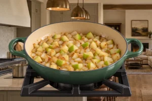 Golden onion and tart green apple cubes before turkey returns to the braiser