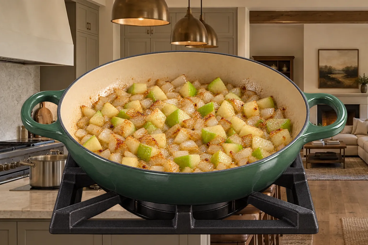 Golden onion and tart green apple cubes before turkey returns to the braiser