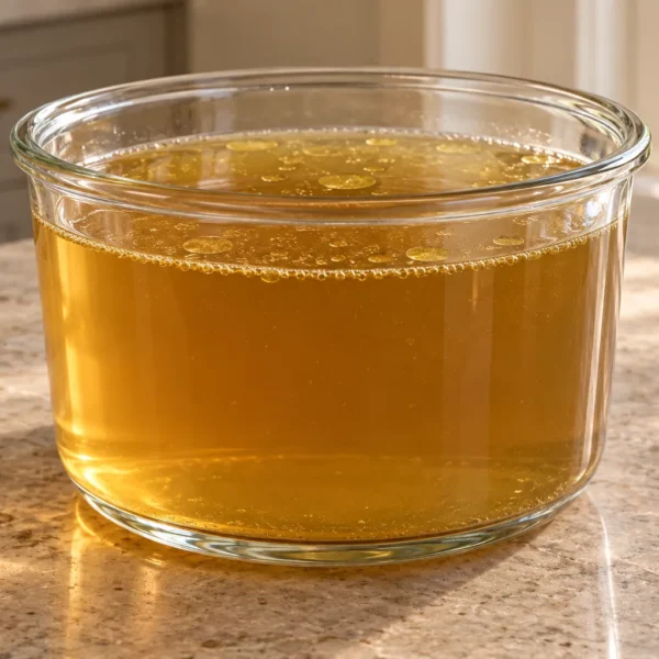 Clear amber-gold turkey carcass bone broth for Later Full GAPS