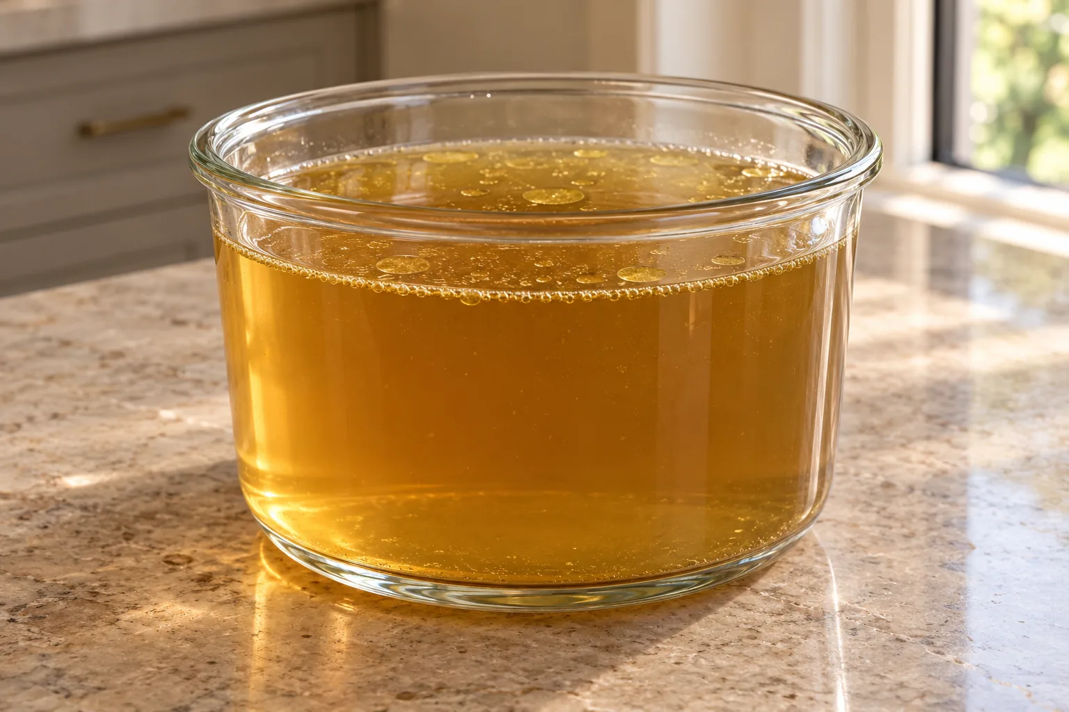 Clear amber-gold turkey carcass bone broth for Later Full GAPS