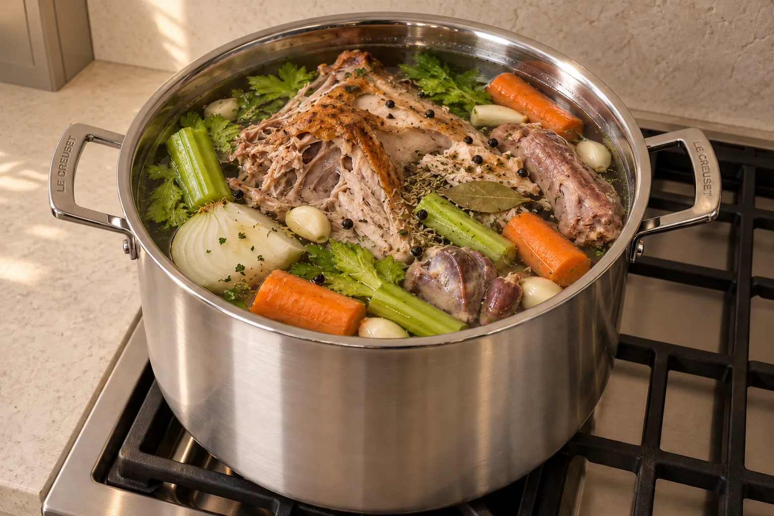 Picked roasted turkey carcass and vegetables covered with water in a ten-quart stainless stockpot