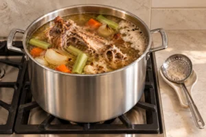 Turkey carcass bone broth at a gentle simmer with foam ready to skim