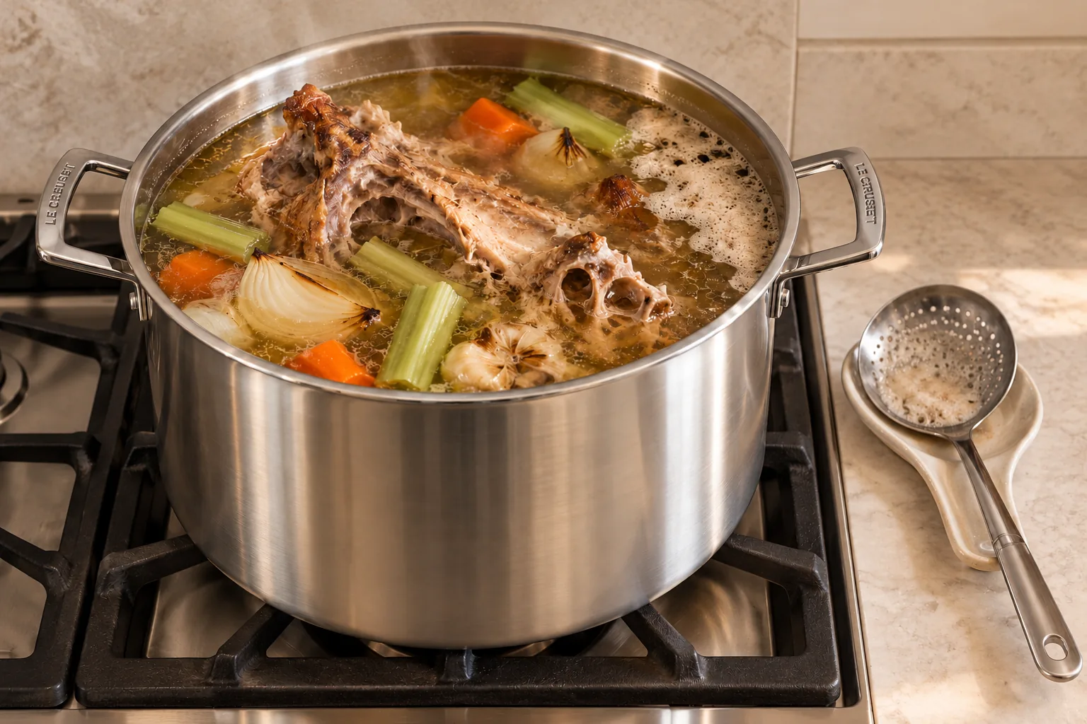 Turkey carcass bone broth at a gentle simmer with foam ready to skim