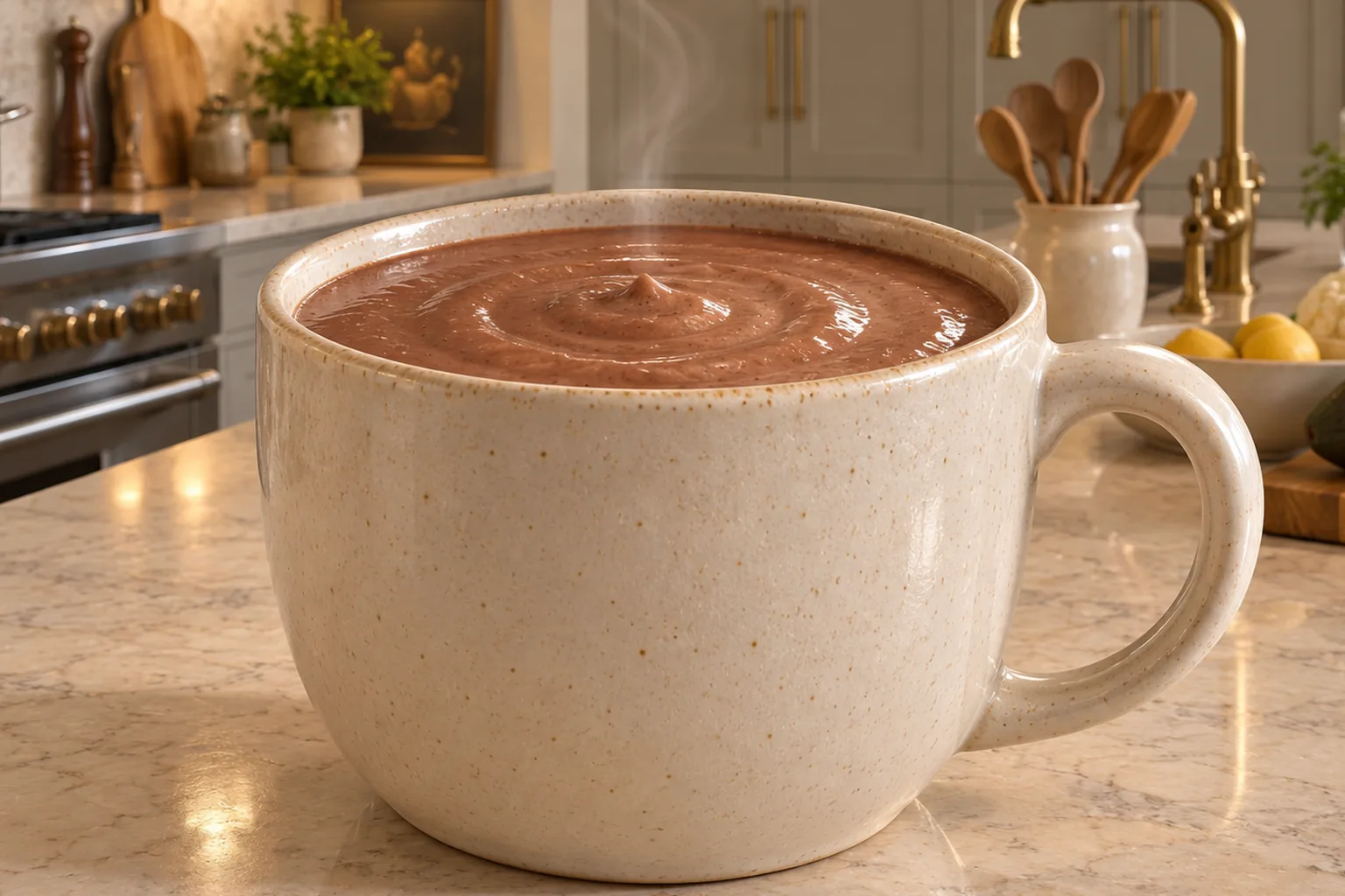 Warm chocolate cauliflower smoothie for Later Full GAPS in a cream ceramic mug