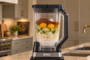 Cauliflower avocado homemade milk two raw egg yolks cocoa honey and sea salt loaded in an exact Ninja BN801 for a Later Full GAPS smoothie