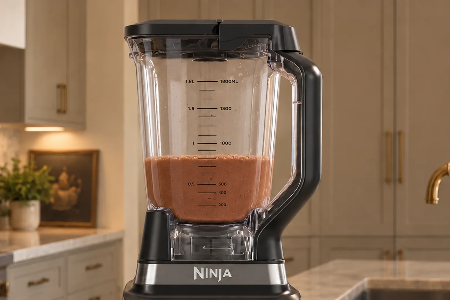 Uniform chocolate cauliflower smoothie blended to about two cups in an exact Ninja BN801