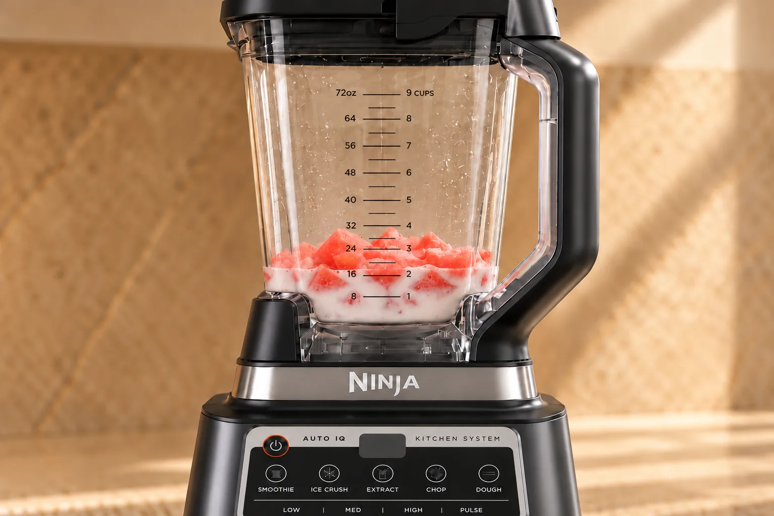 Measured watermelon, coconut milk, vanilla, and dissolved gelatin in the true-size Ninja BN801 pitcher