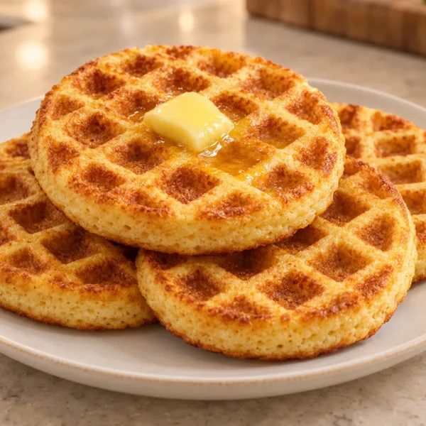 Four golden yogurt-cheese almond chaffles with melted ghee for Later Full GAPS