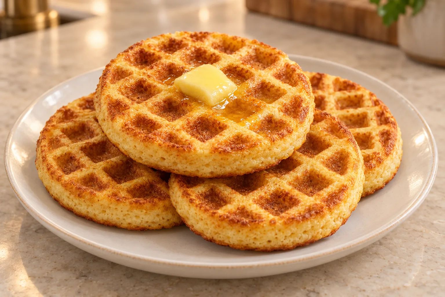 Four golden yogurt-cheese almond chaffles with melted ghee for Later Full GAPS