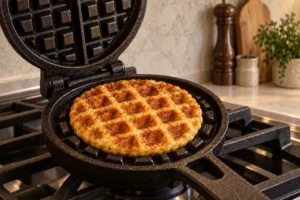 One golden almond yogurt-cheese chaffle releasing from an uncoated cast iron stovetop waffle iron