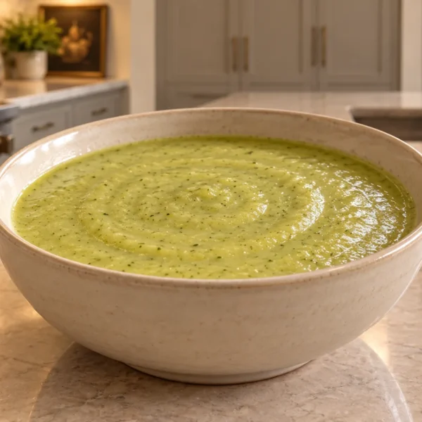 Thick Full GAPS zucchini ginger bisque in a cream ceramic bowl