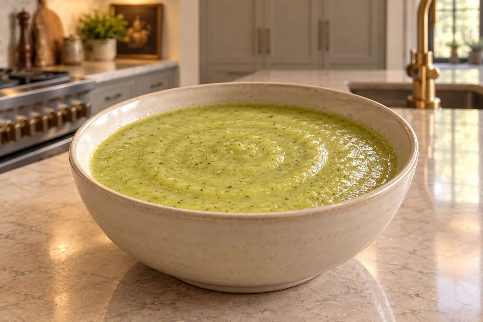 Thick Full GAPS zucchini ginger bisque in a cream ceramic bowl