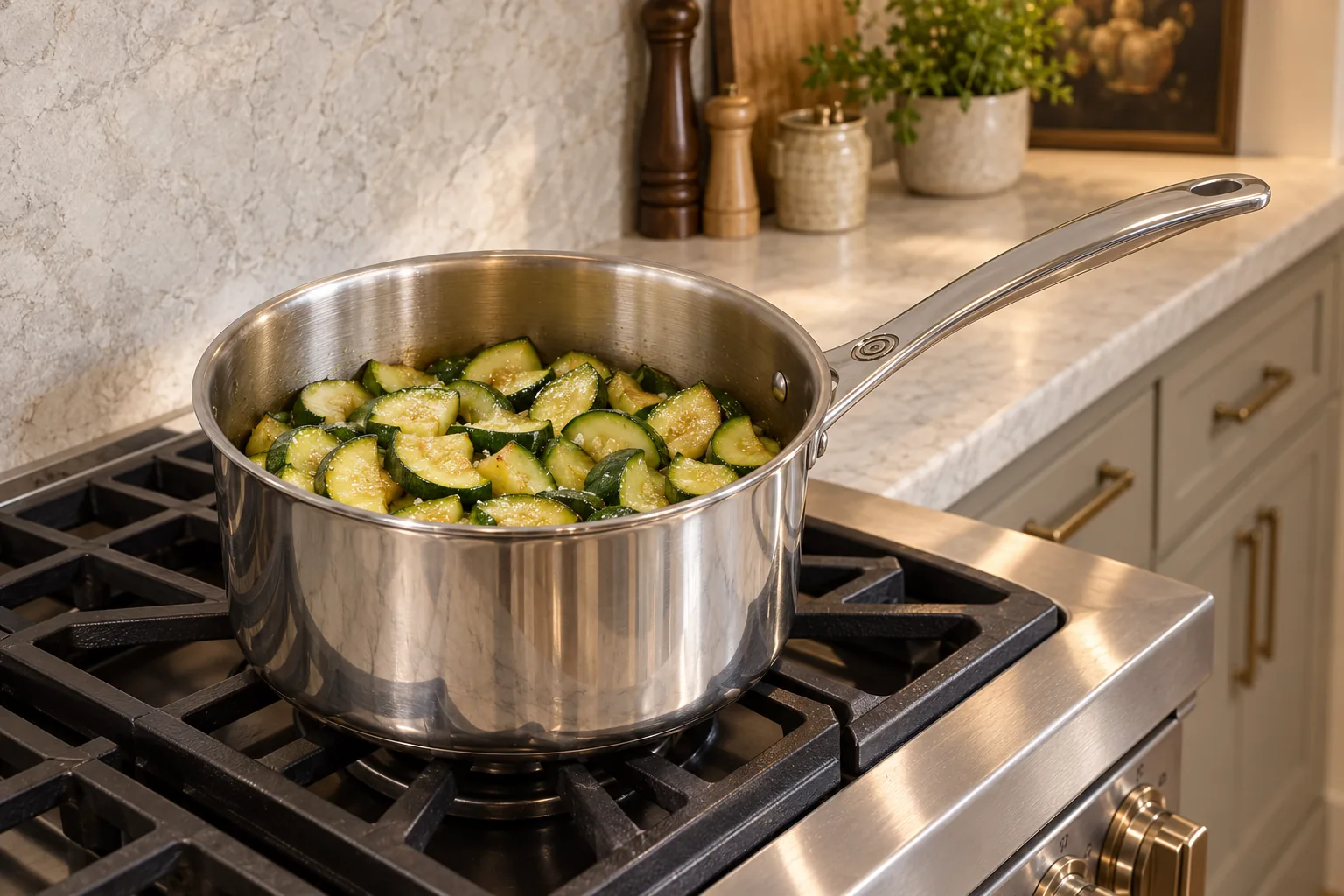 Zucchini half-moons softened in a Le Creuset stainless saucepan