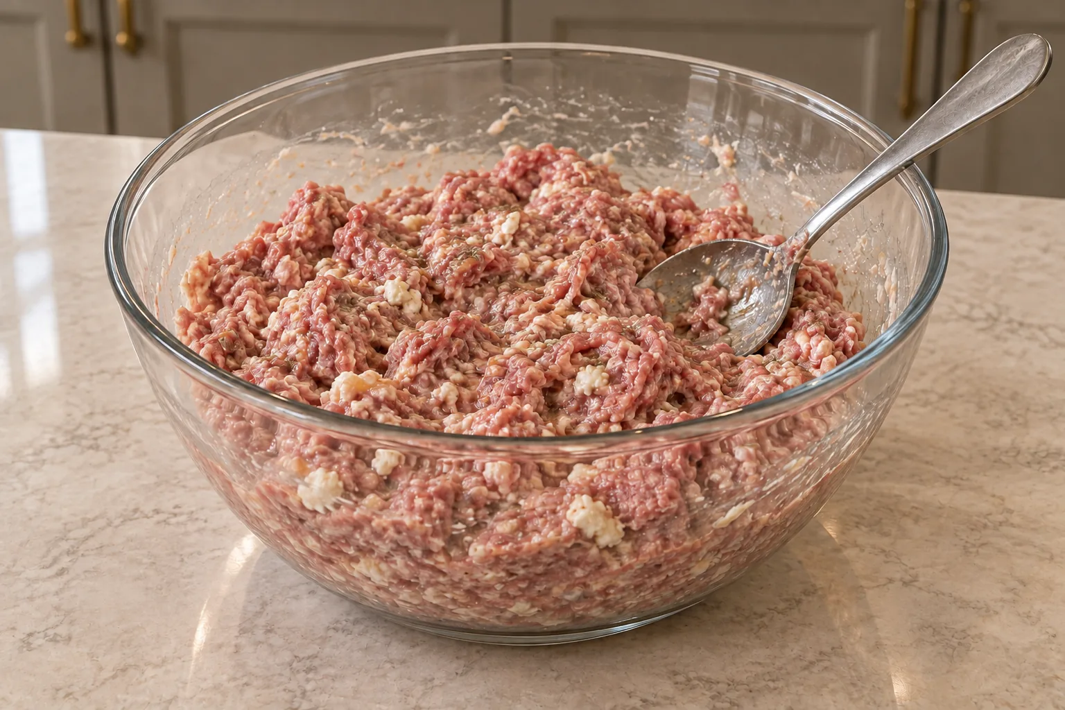 Ground beef, goat cheese, eggs, natural salt, Italian herbs and garlic powder mixed in a glass bowl for Full GAPS meatloaf