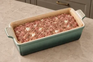 Raw garlic and herb goat cheese meatloaf for Full GAPS shaped in a parchment-lined Artichaut loaf pan before baking