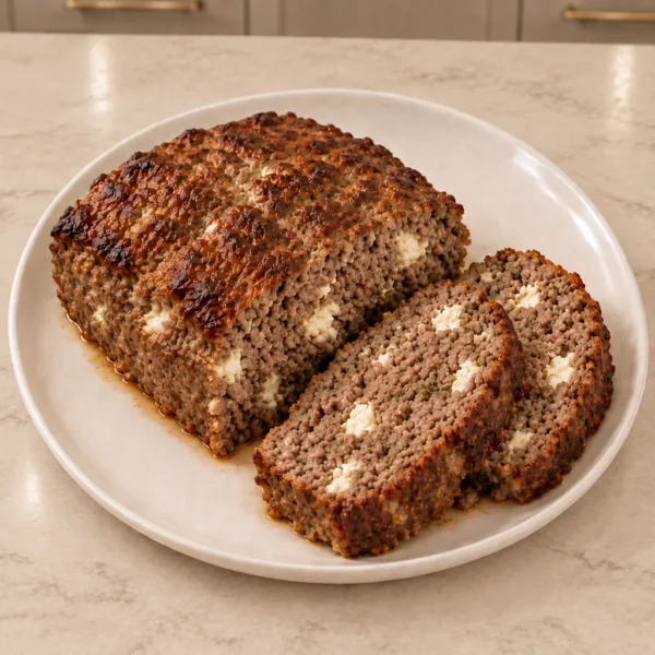 Garlic and herb goat cheese meatloaf for Full GAPS with two slices showing the moist beef and cheese crumb