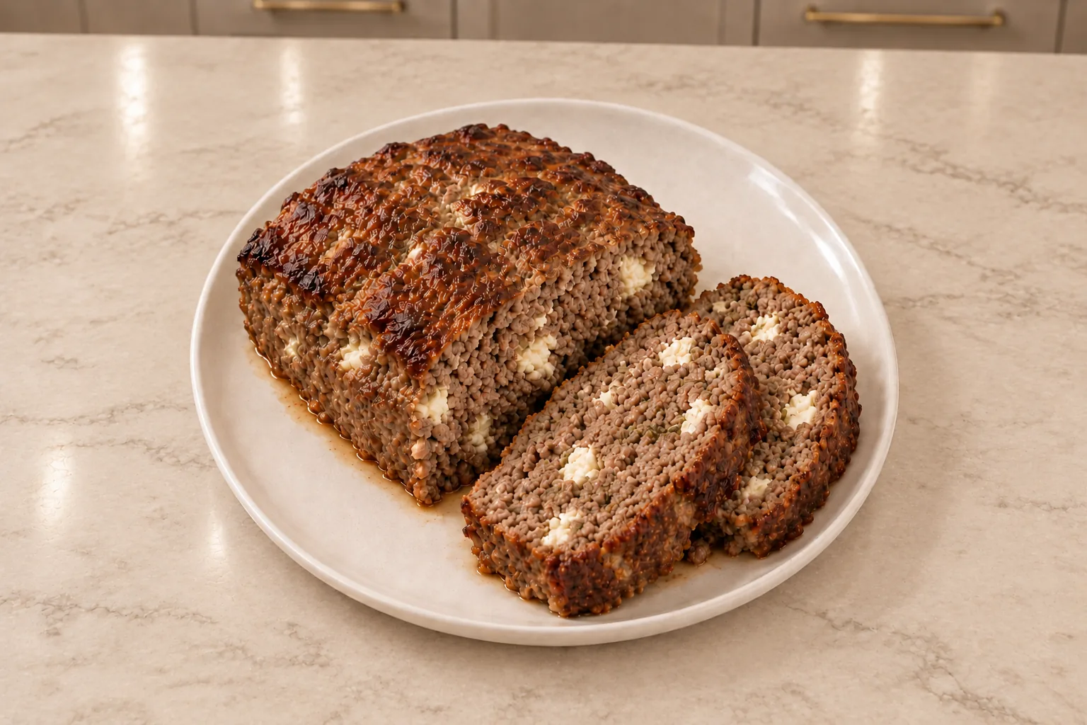 Garlic and herb goat cheese meatloaf for Full GAPS with two slices showing the moist beef and cheese crumb