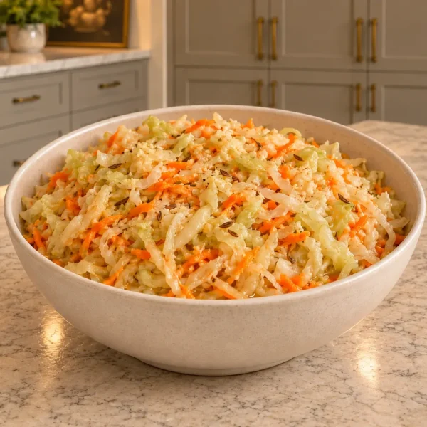 Finished ginger carrot sauerkraut with caraway in a ceramic bowl