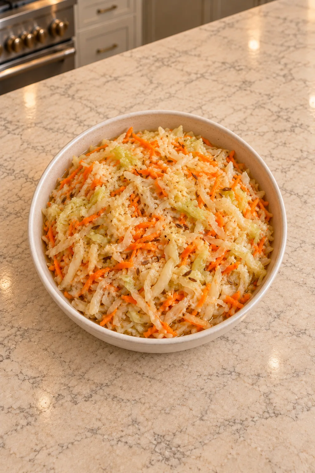 Ginger carrot sauerkraut with caraway photographed from above for a Full GAPS recipe pin