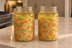 Freshly packed ginger carrot sauerkraut in glass jars with cabbage leaves and glass weights submerged below brine