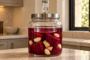 Quartered beets garlic and ginger submerged under a glass fermentation weight