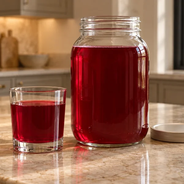 Strained ginger-garlic beet kvass in a clear jar and serving glass