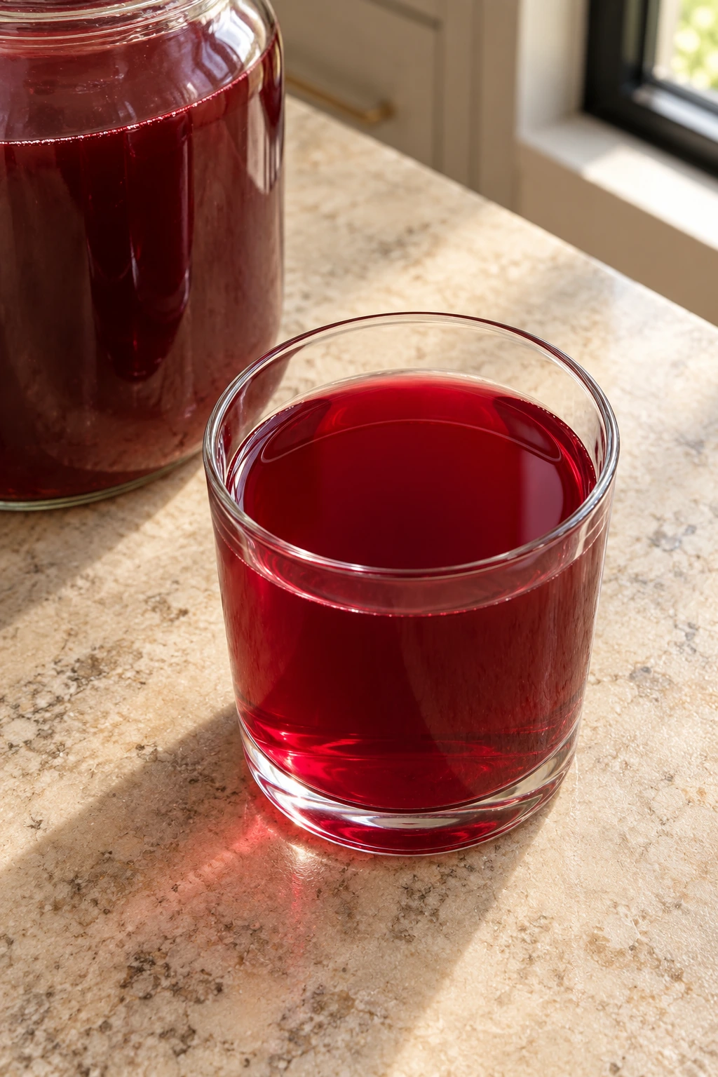 Overhead glass of strained ginger-garlic beet kvass