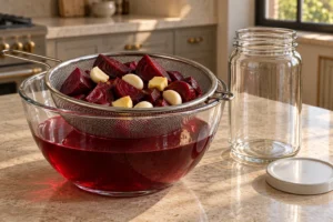 Quartered beets garlic and ginger draining above strained ruby kvass