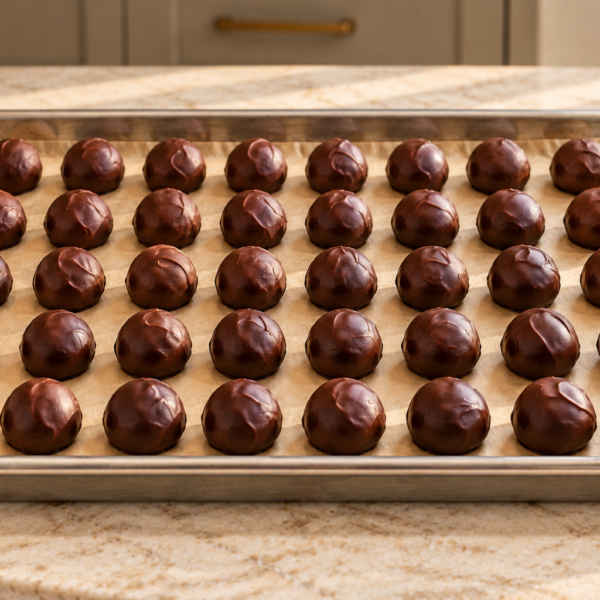 A tray of forty goji-cranberry coconut truffles coated in a thin cocoa shell