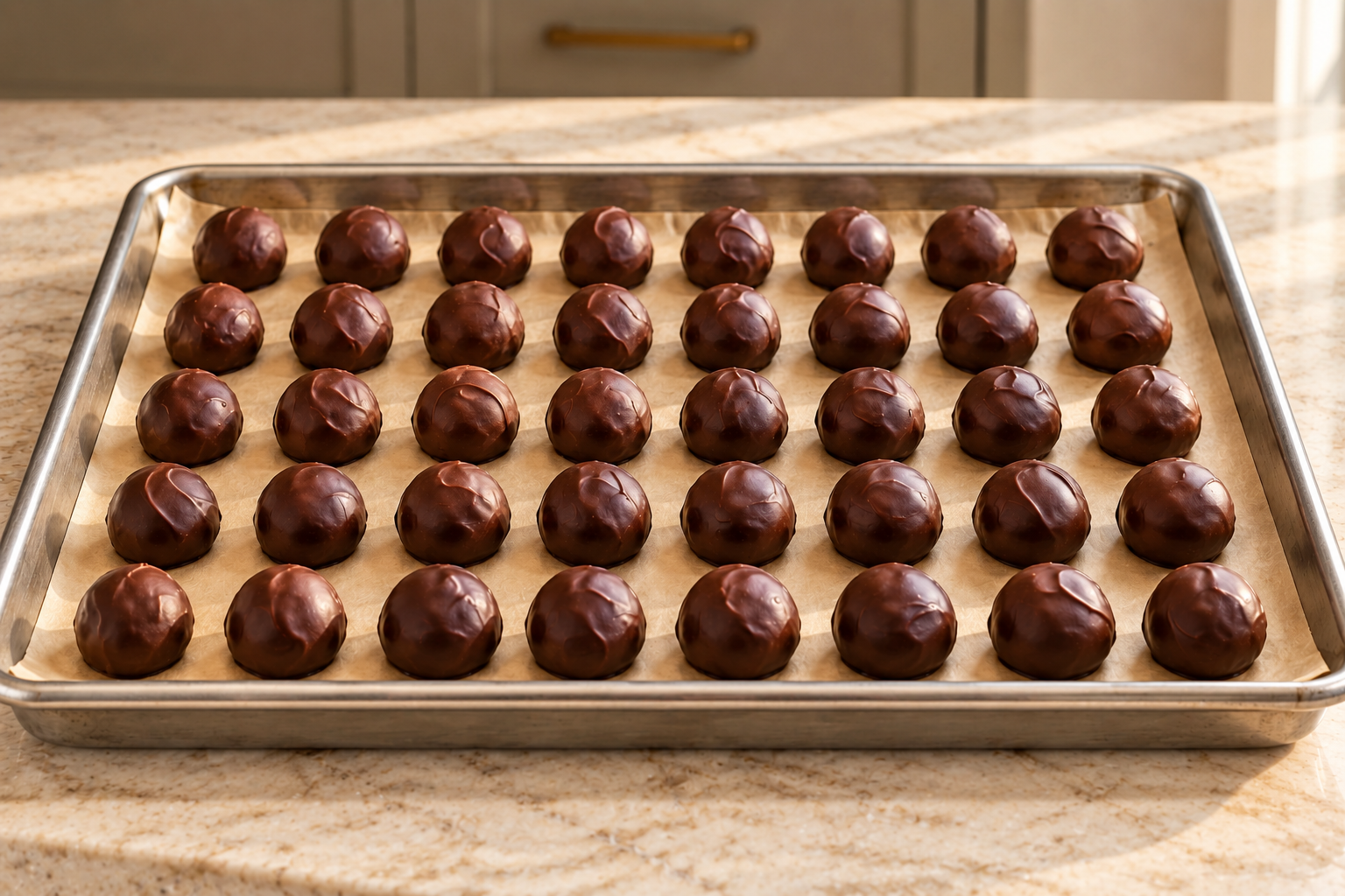 Forty goji cranberry coconut truffles on a parchment-lined stainless tray