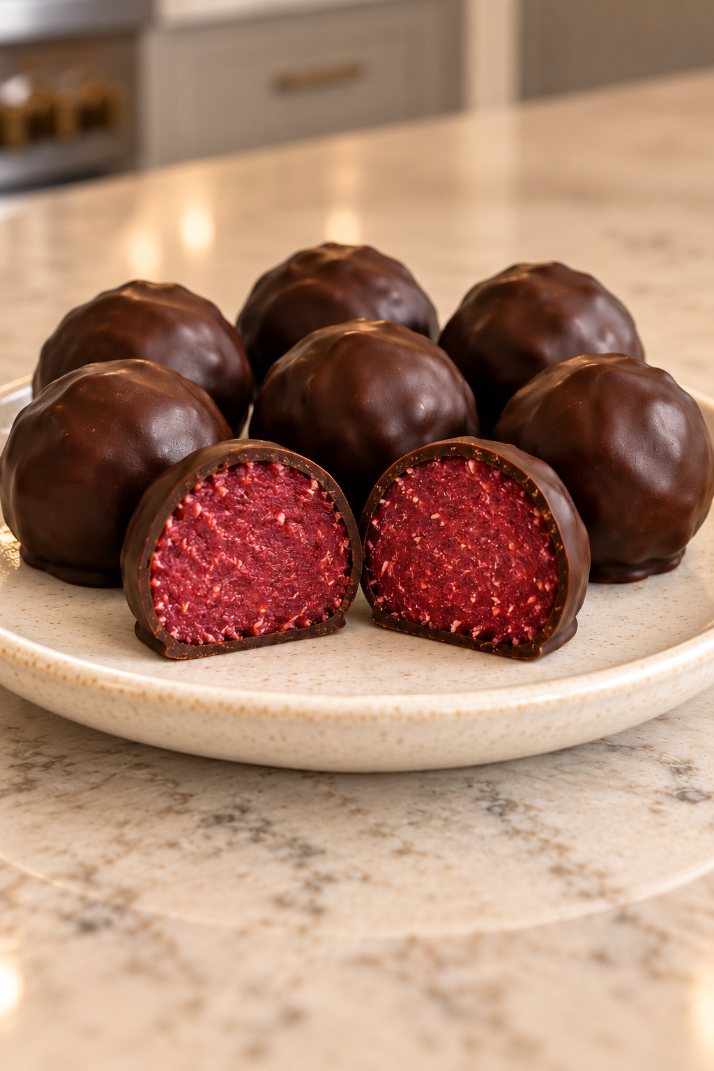 Cut goji cranberry coconut truffles showing ruby filling inside a thin cocoa shell