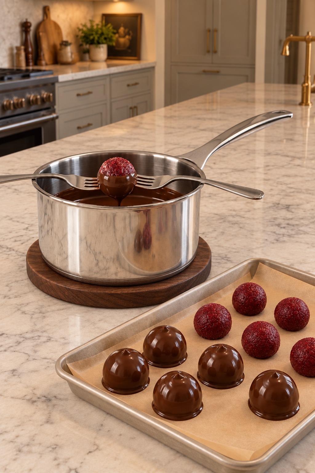 Five chilled cranberry-goji filling mounds beside five cocoa-coated truffles with two supported forks