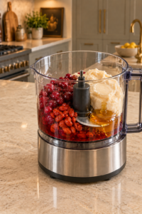 Softened cranberries and goji berries with coconut butter and raw honey in a food processor before blending