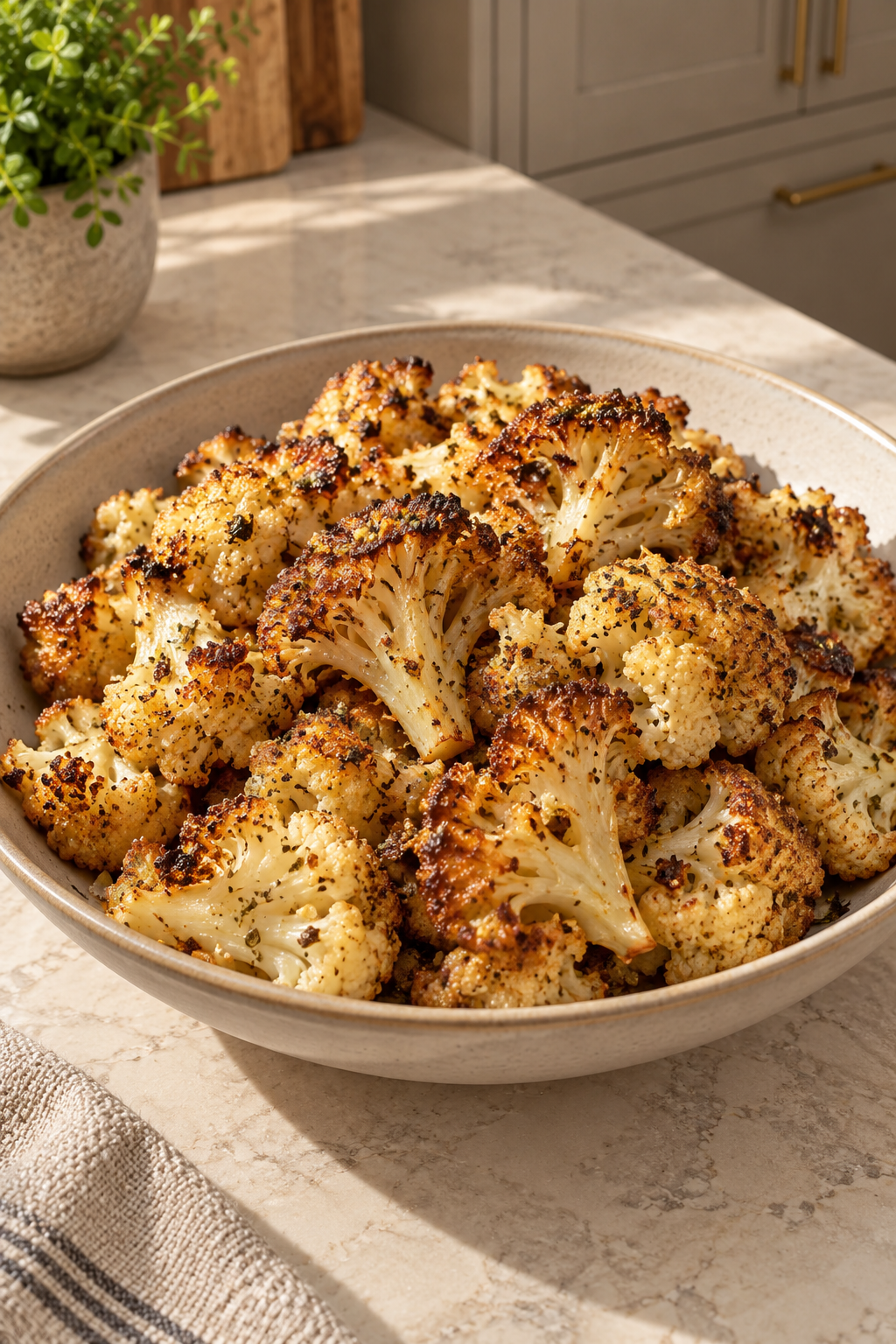 A close second view of golden herb-roasted cauliflower with crisp edges and tender centers