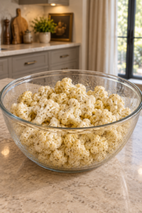 Raw cauliflower florets evenly coated with melted ghee and measured dried herbs in a glass bowl
