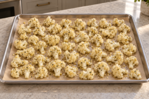 Coated cauliflower florets in one uncrowded layer on a parchment-lined stainless sheet pan before roasting
