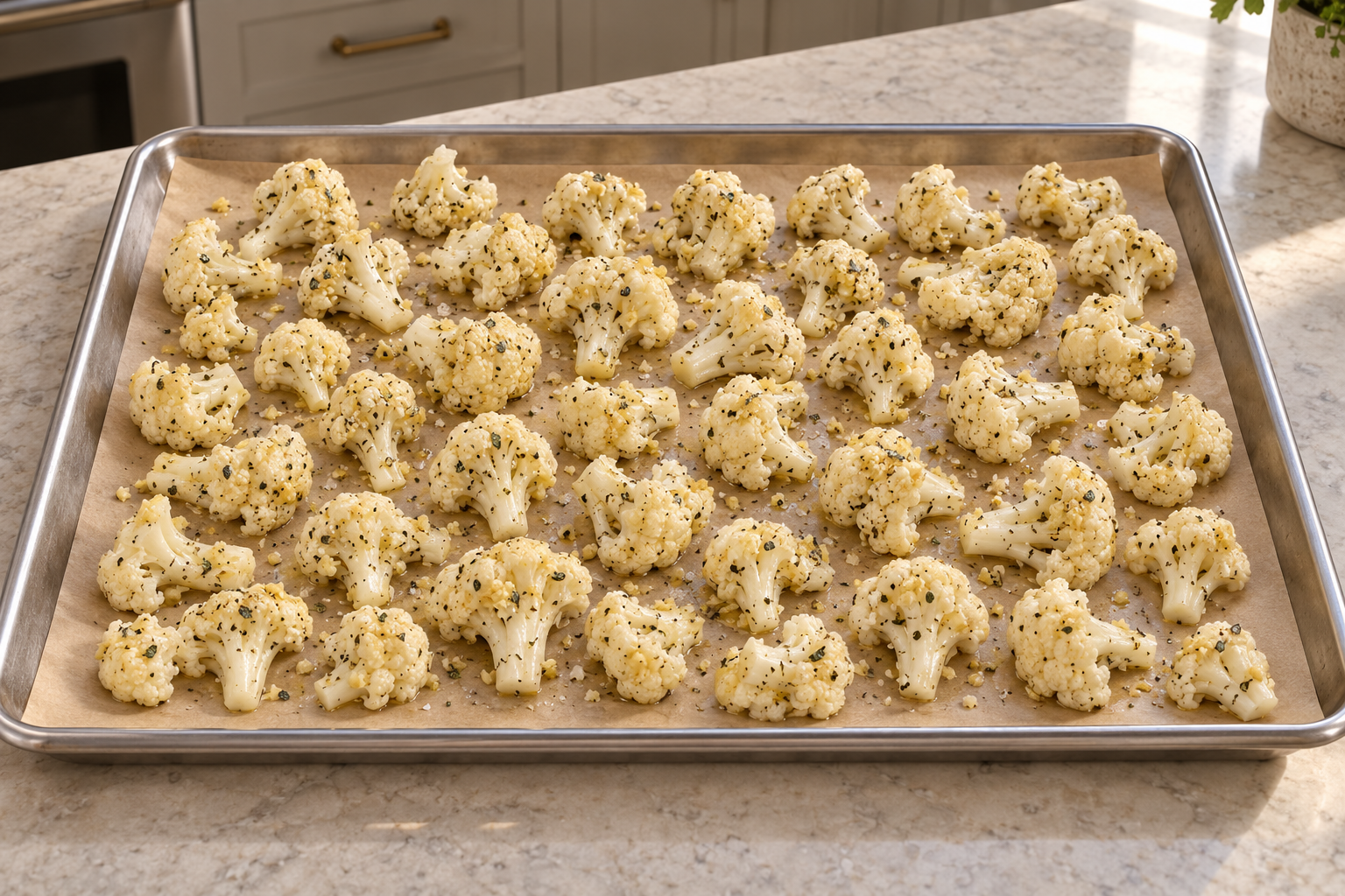 Coated cauliflower florets in one uncrowded layer on a parchment-lined stainless sheet pan before roasting