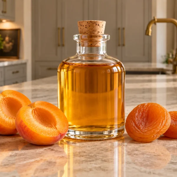 Golden homemade apricot extract with fresh and dried apricots