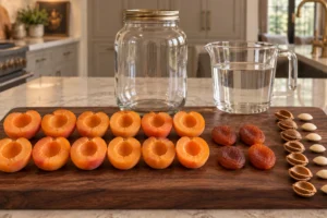 Twelve fresh apricot halves, four dried apricots, six cracked pit shells and six kernels beside jar and vodka