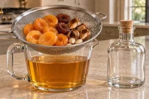 Golden apricot extract strained beneath softened apricots, shells, and kernels