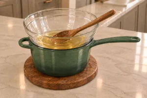 Clear pale-golden melted cocoa butter for Full GAPS chocolate coins in a supported glass double-boiler bowl above an Artichaut saucepan