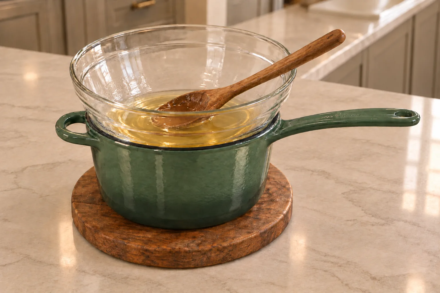 Clear pale-golden melted cocoa butter for Full GAPS chocolate coins in a supported glass double-boiler bowl above an Artichaut saucepan