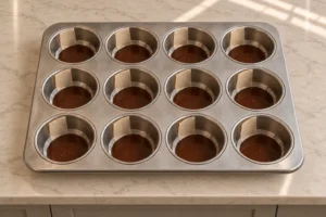 First tray of thin Full GAPS chocolate coin portions in parchment-lined uncoated stainless muffin wells before chilling