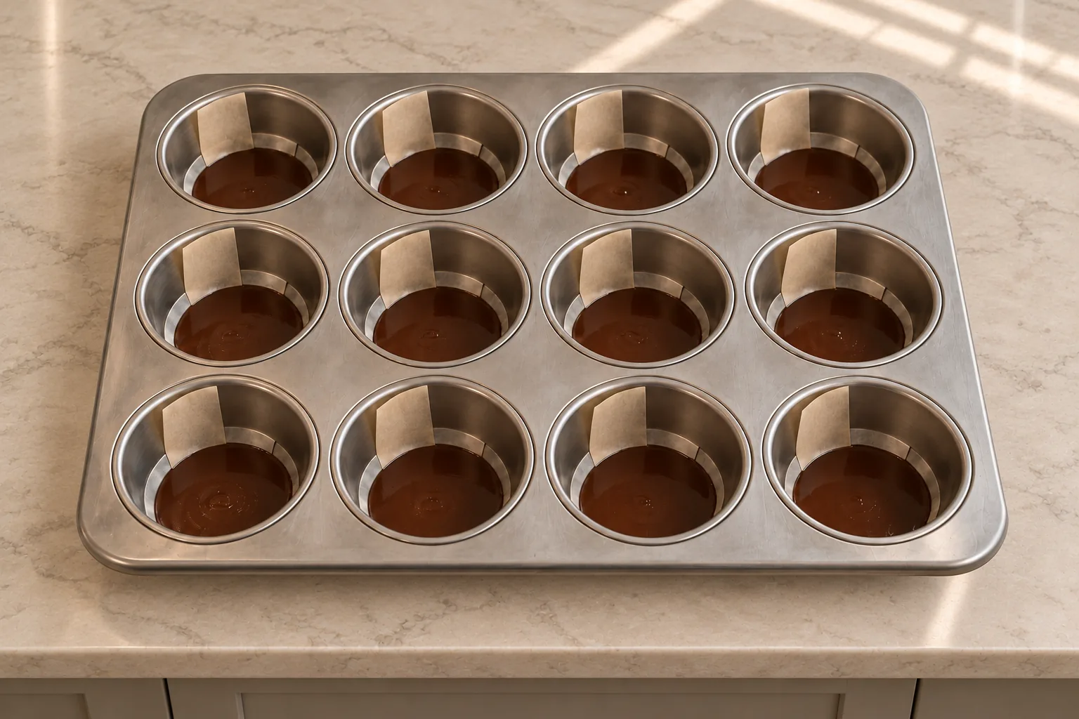 First tray of thin Full GAPS chocolate coin portions in parchment-lined uncoated stainless muffin wells before chilling