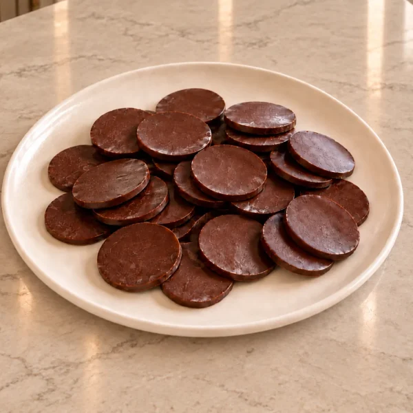 Thin honey-sweetened homemade chocolate coins for later Full GAPS on a cream plate