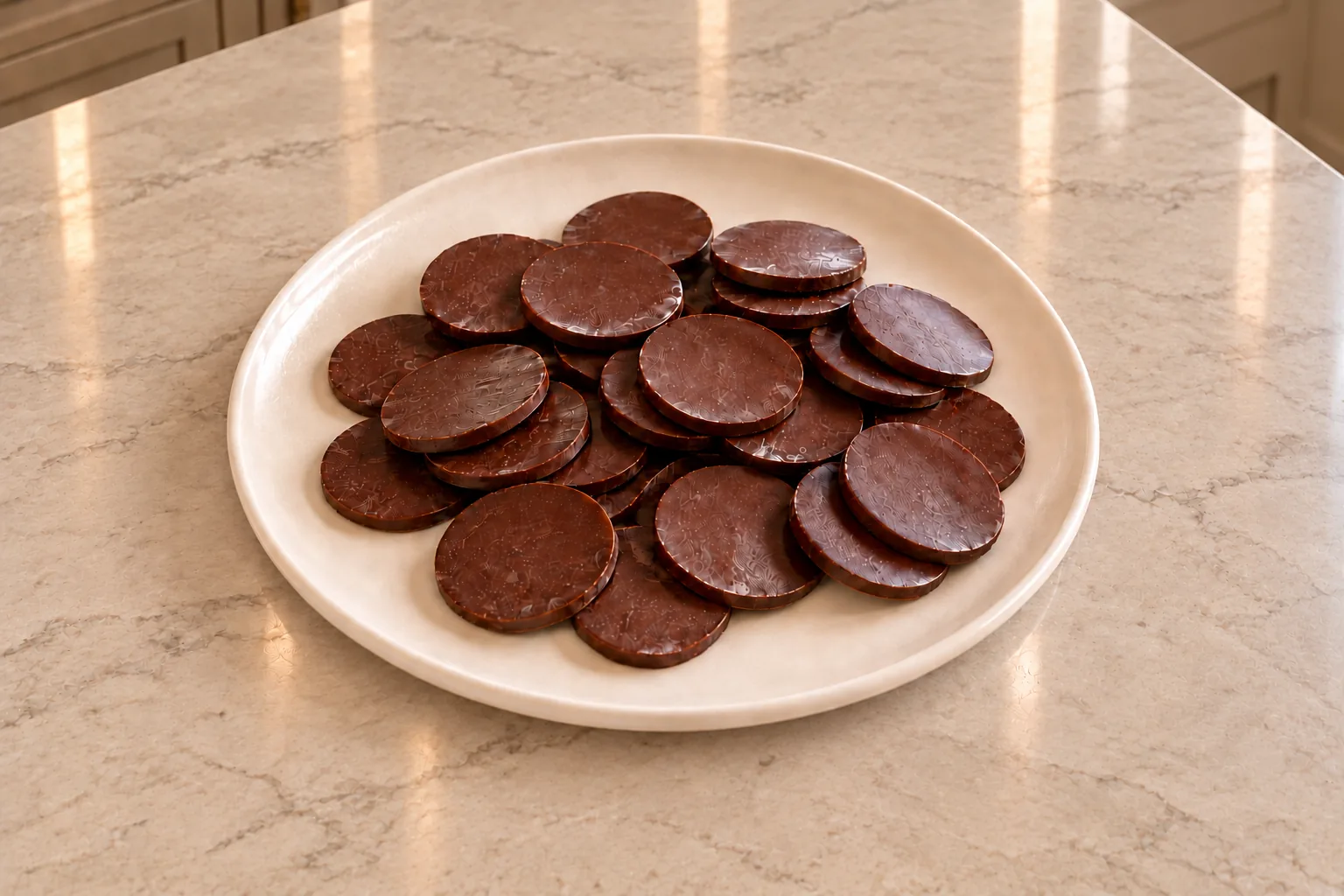 Thin honey-sweetened homemade chocolate coins for later Full GAPS on a cream plate