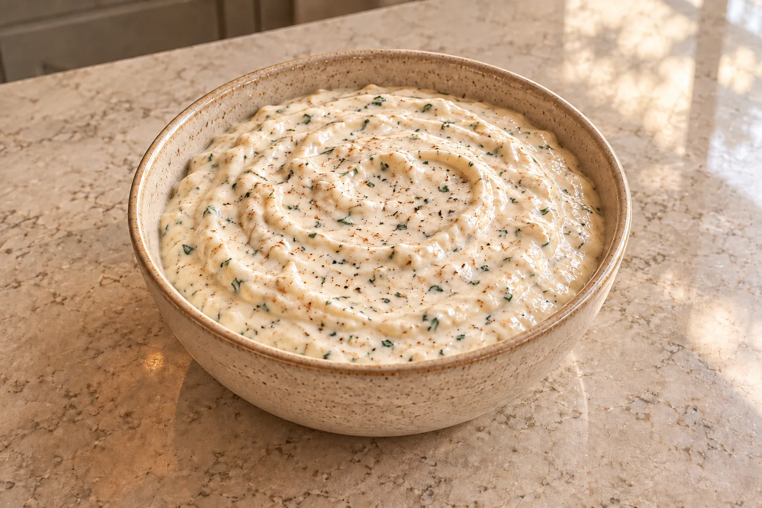 Homemade yogurt ranch dip for Full GAPS with dried parsley and fine pepper flecks